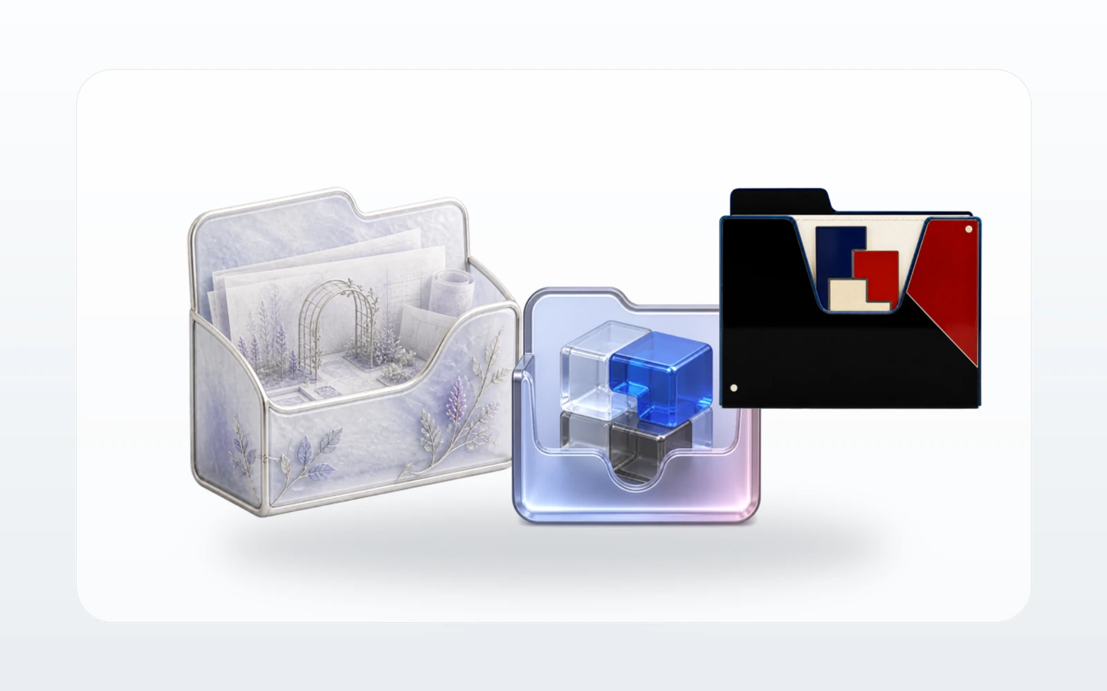 Three Mac Folder Icons themes arranged on a cold-white product stage